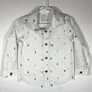 Cat & Jack Boy's 3T White Button Up Long Sleeve All Over Print Christmas Shirt